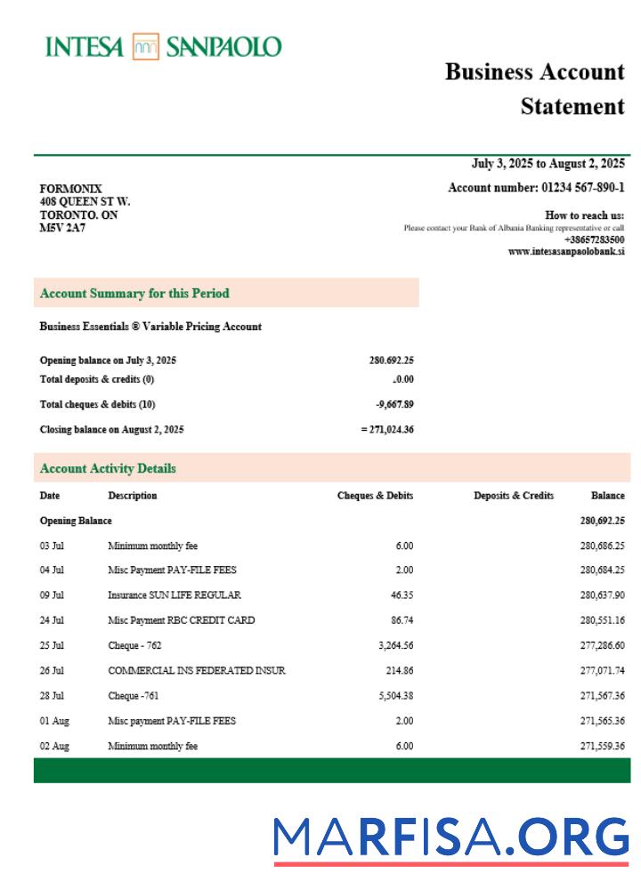 Printable Slovenia Intesa Sanpaolo enterprise account statement Word and PDF template